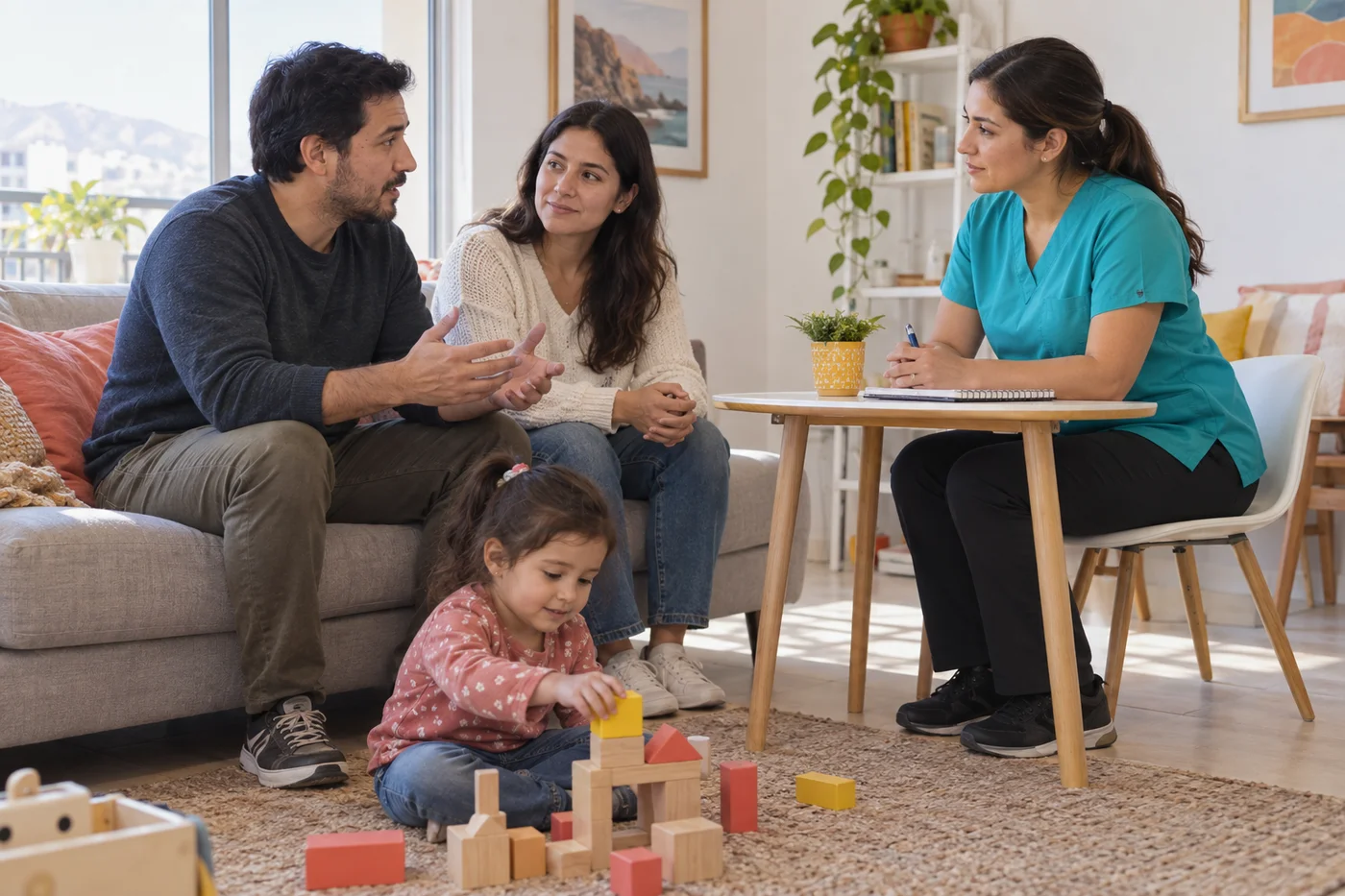 Escena referencial de conversación entre una kinesióloga y una familia en su hogar