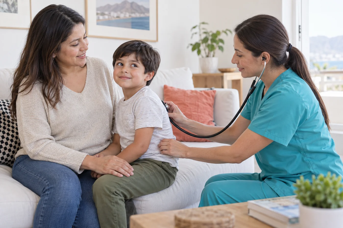 Escena referencial de evaluación respiratoria de un niño acompañado por su madre